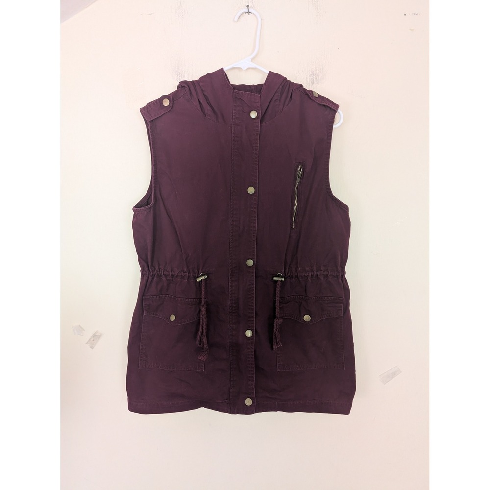 Zenana Outfitters Burgundy Cotton Utility Vest Hooded Drawstring Waist XL